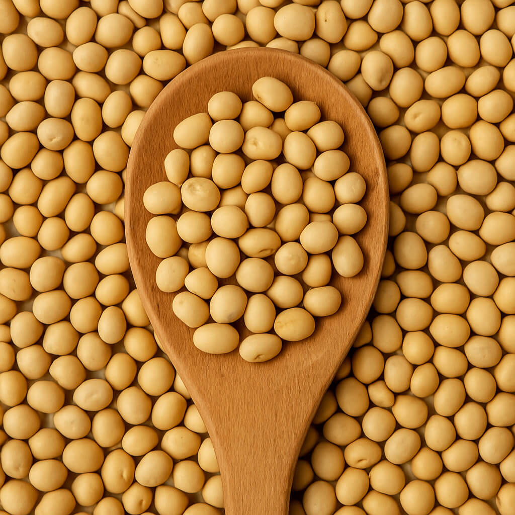 Close-up of soya beans in a wooden spoon