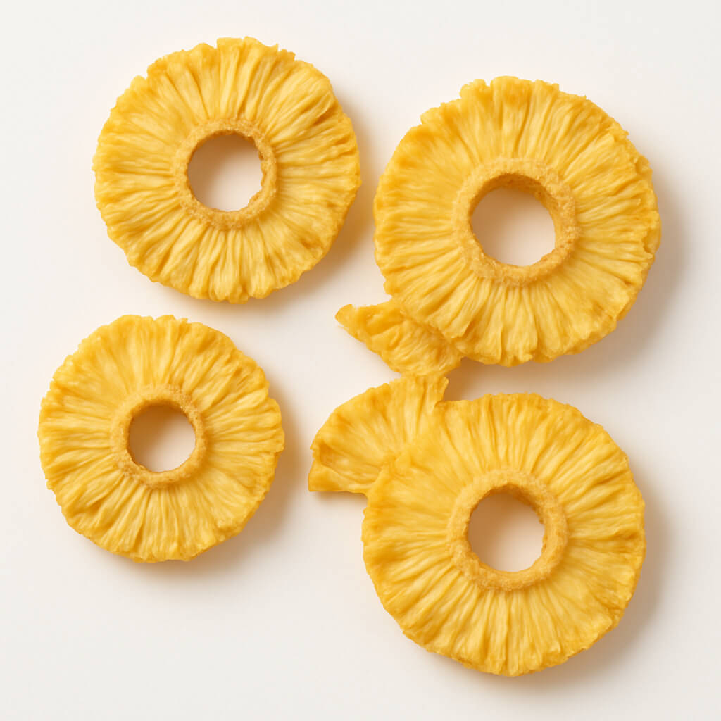 Dried pineapple rings on white background