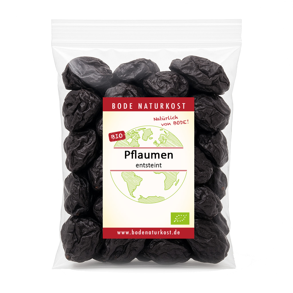 Organic dried plums (prunes) in clear plastic bag