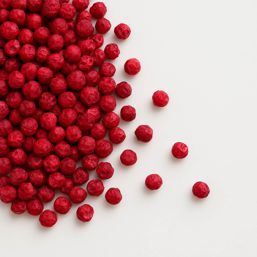 Pink peppercorns scattered on white background Pink peppercorns scattered on white background