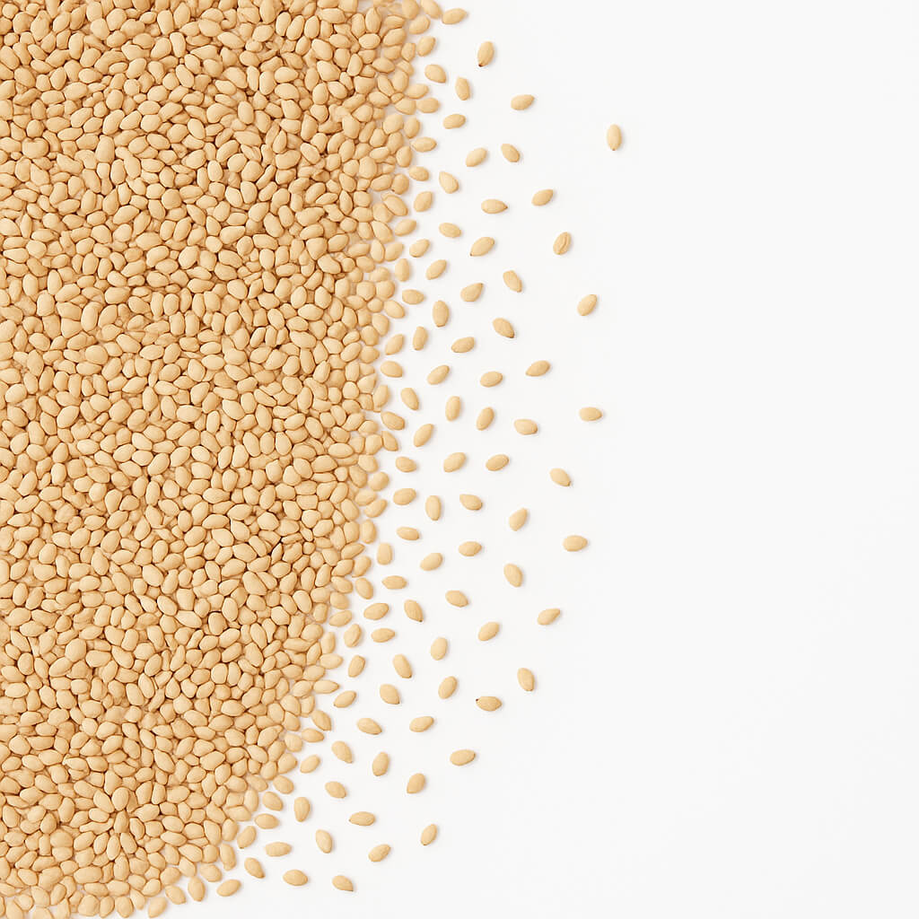 Raw sesame seeds scattered on white background