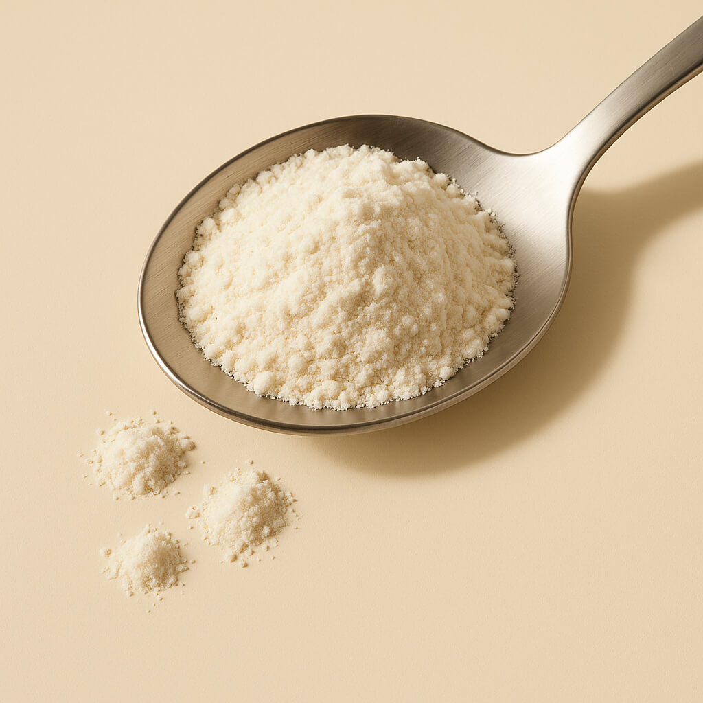 Fine powder in metal spoon, beige backdrop Spoonful of fine powder on beige background