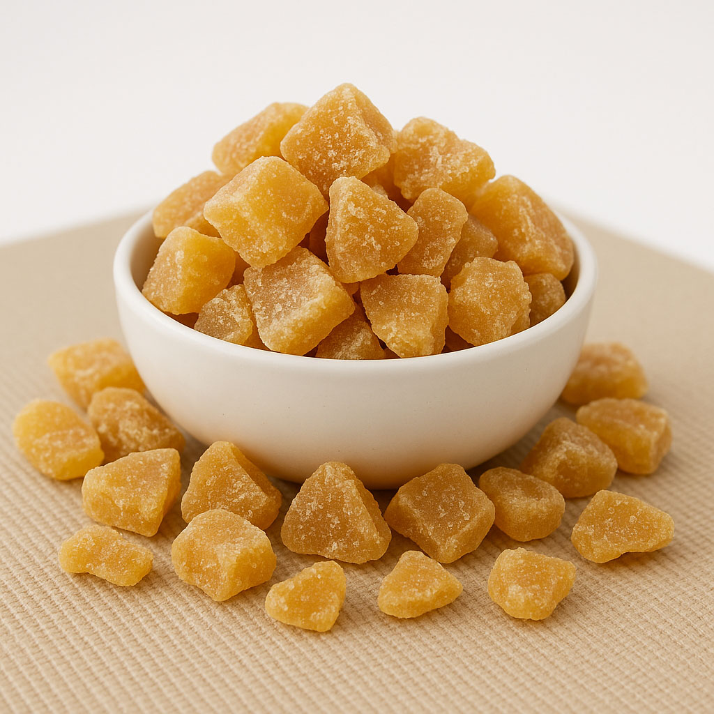 Diced crystallised ginger chunks in white bowl