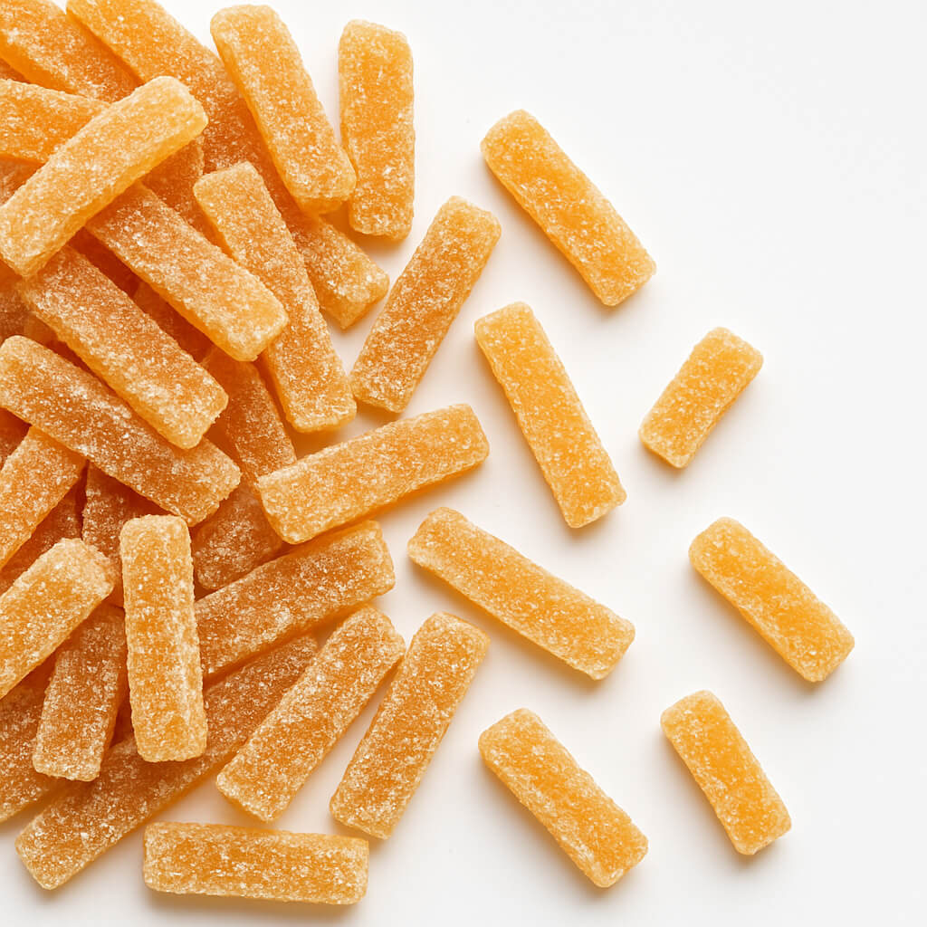 Sugar-coated orange candy sticks Close-up of sugar-coated orange gummy bars