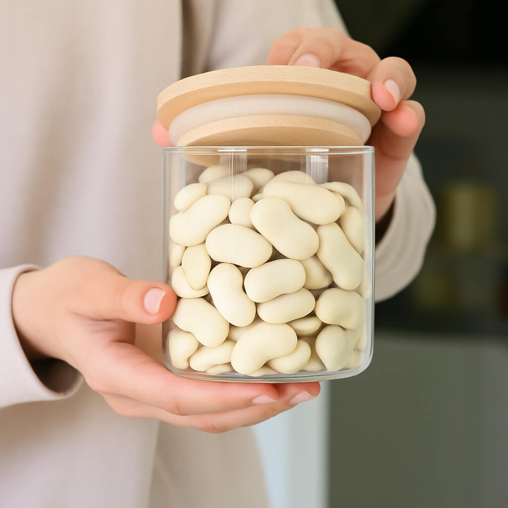 Glass jar with white chocolate-coated almonds