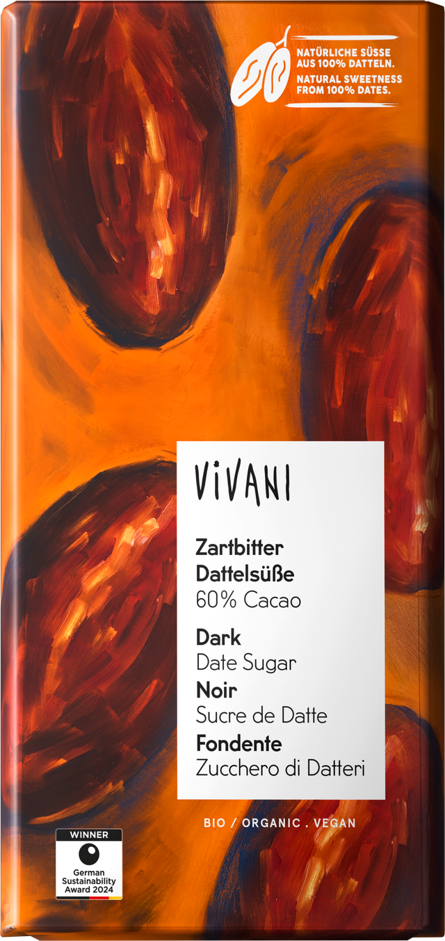 Tafelschokolade Zartbitter Dattelsüße 60% Cacao vegan bio Vivani 10x80g