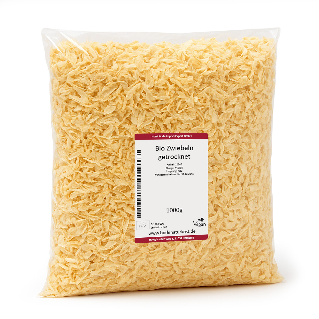 Plastiktüte mit 1000 g getrockneten Bio-Zwiebel-Flocken, gelblich-weiße Zwiebelstücke sichtbar, weißes Etikett mit Produktangaben und Vegan-Symbol