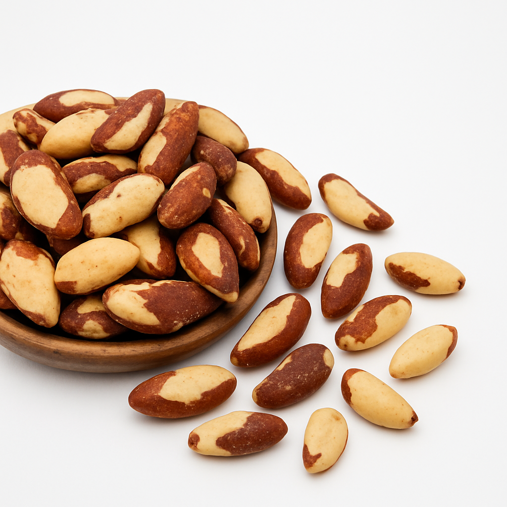 Close-up of whole Brazil nuts on white background