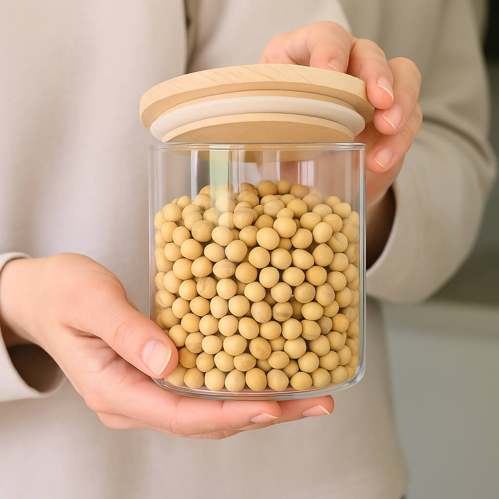 Hands holding a glass jar of soya beans