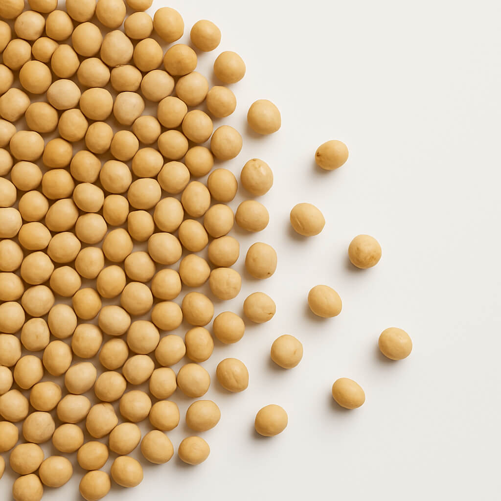 Close-up of yellow soybeans on white surface