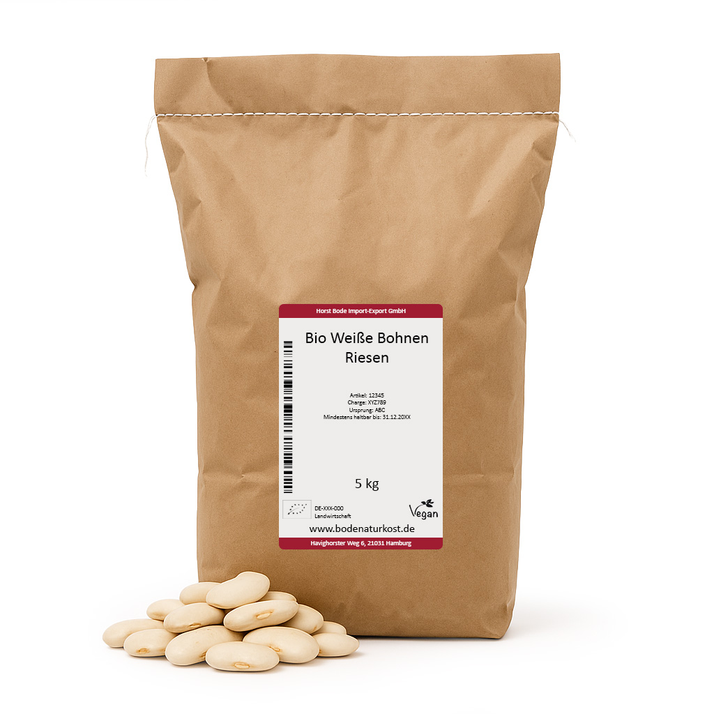 Paper bag with 5 kg organic white giant beans
