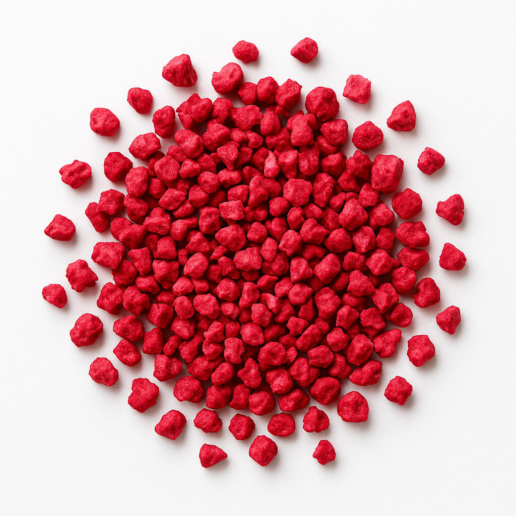 Red confectionery granules on white background Red confectionery granules