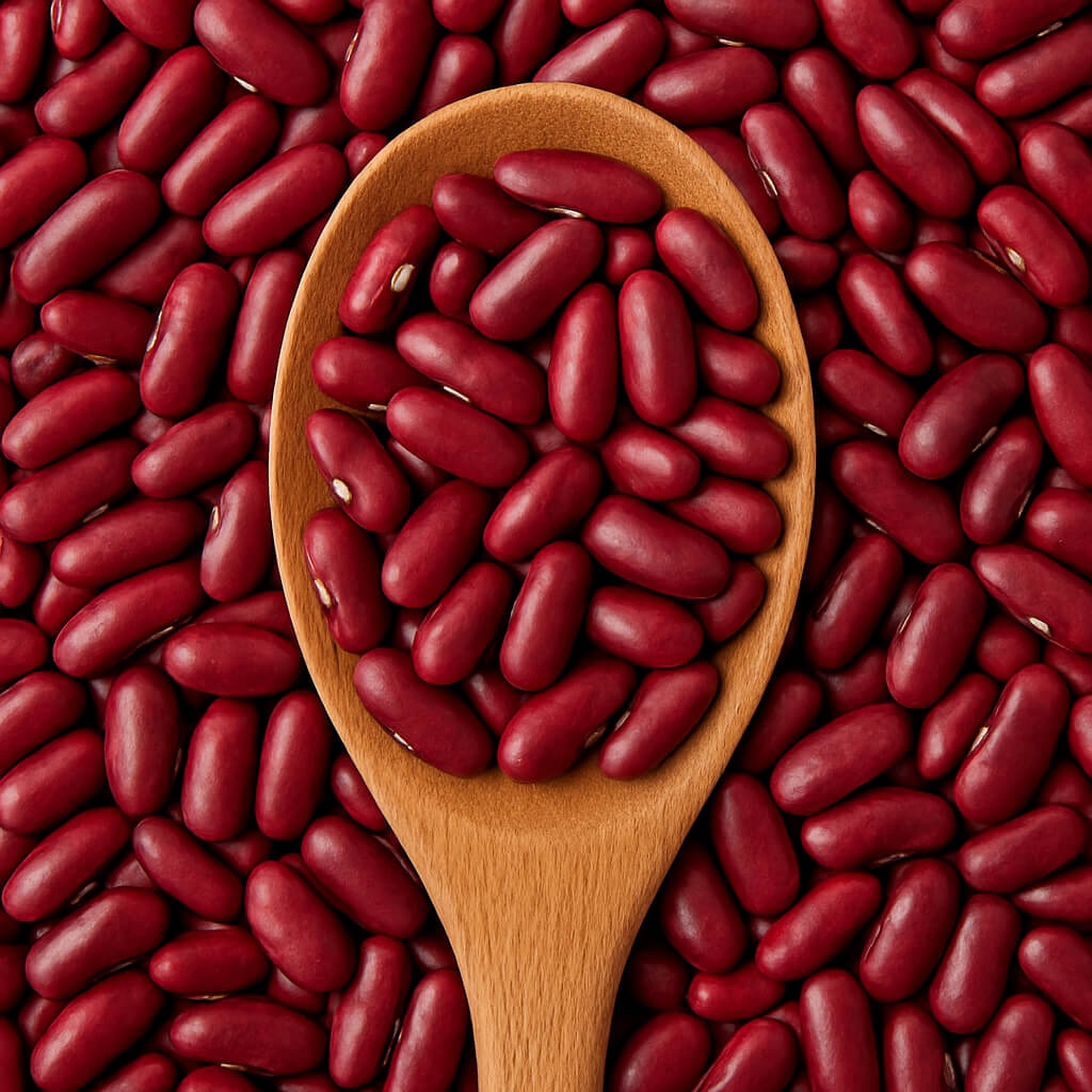 Close-up of red kidney beans in a wooden spoon