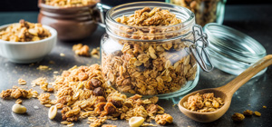 Nahaufnahme von Granola im Glas und Holzlöffel