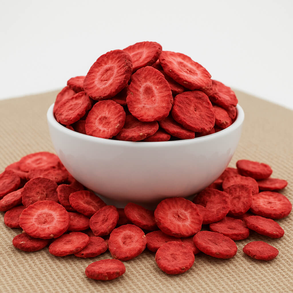 Red freeze-dried strawberry slices around white bowl
