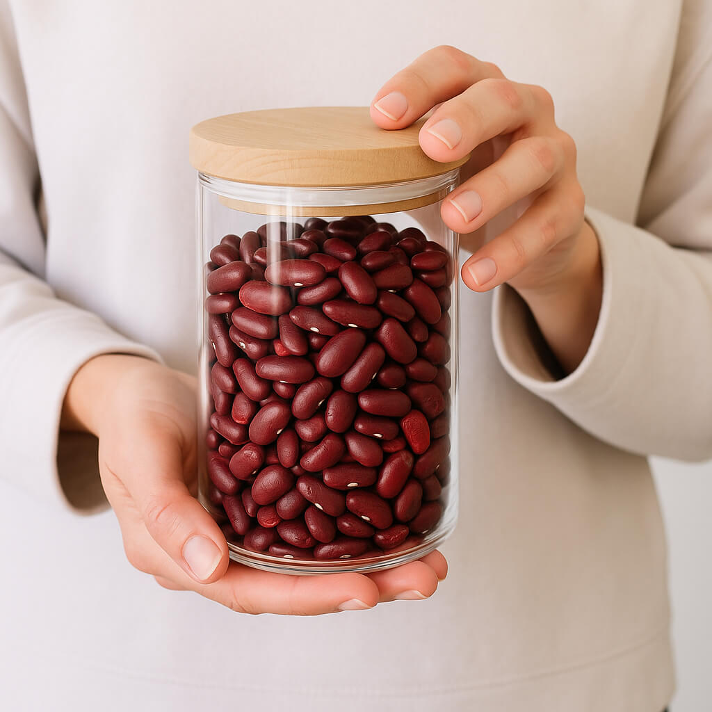 Hands holding glass jar of red kidney beans