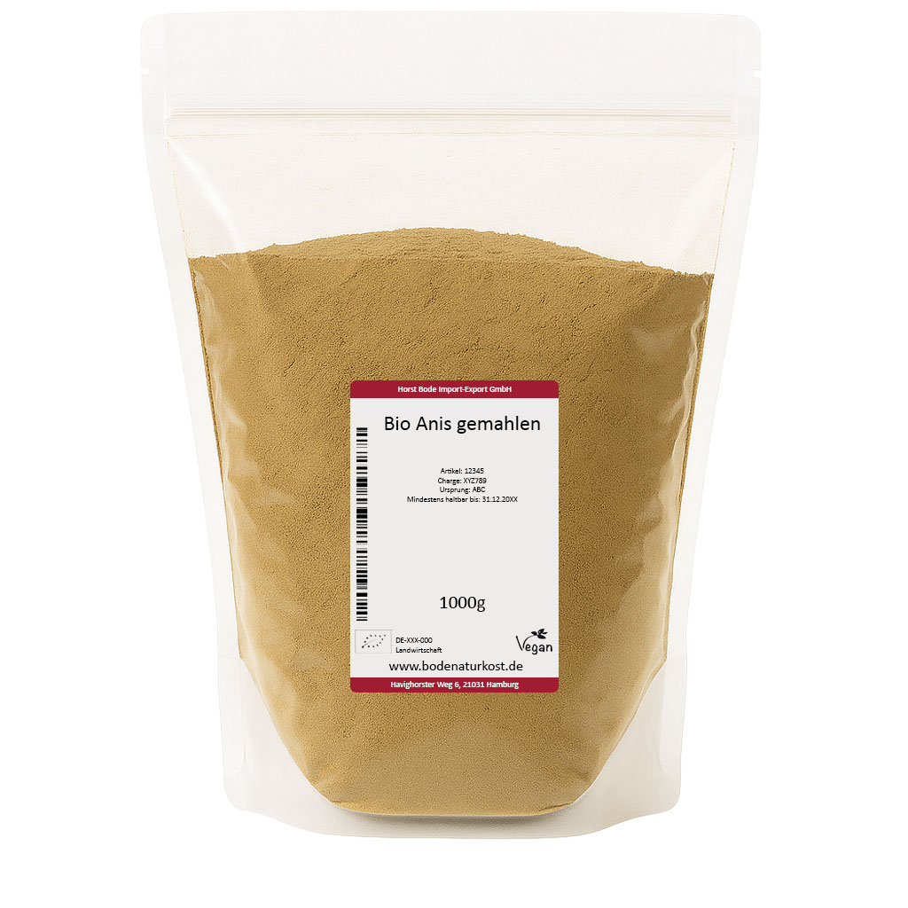 Verpackung mit Bio-Anis gemahlen, 1000g, vegan Siegel