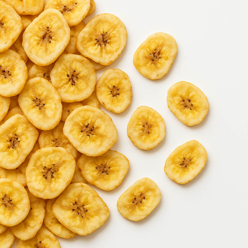 Crunchy sliced banana chips on white background