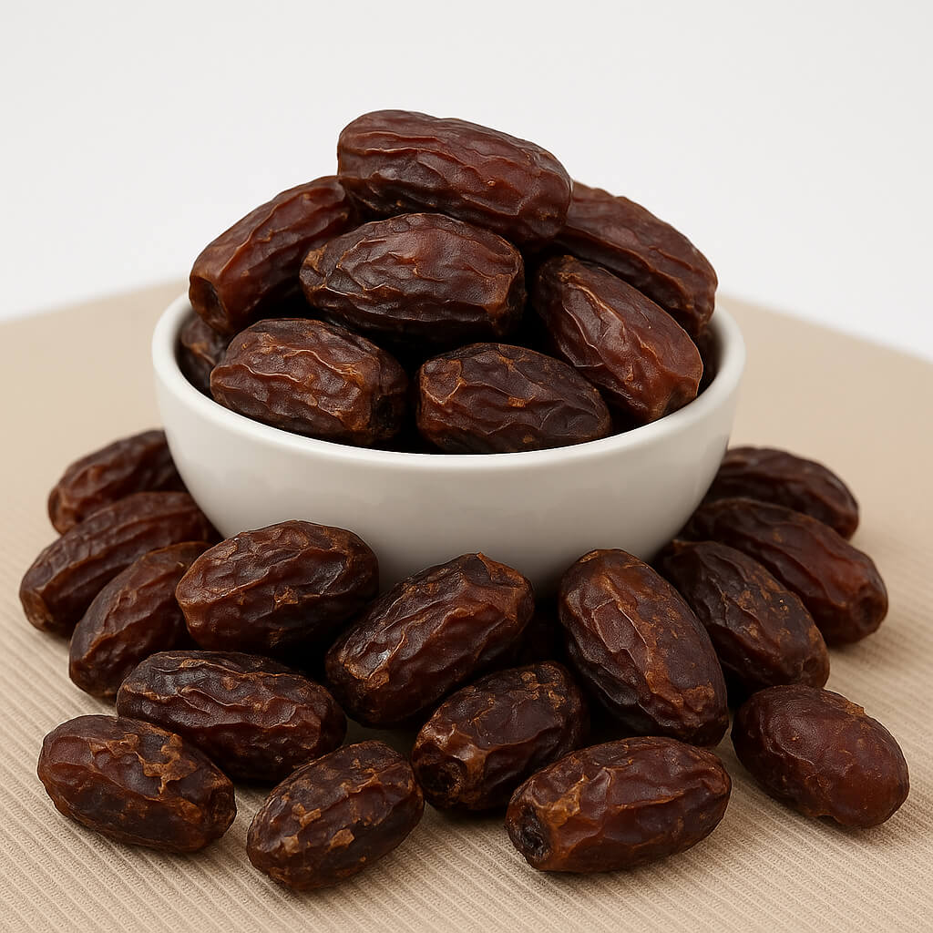Dried dates in white bowl
