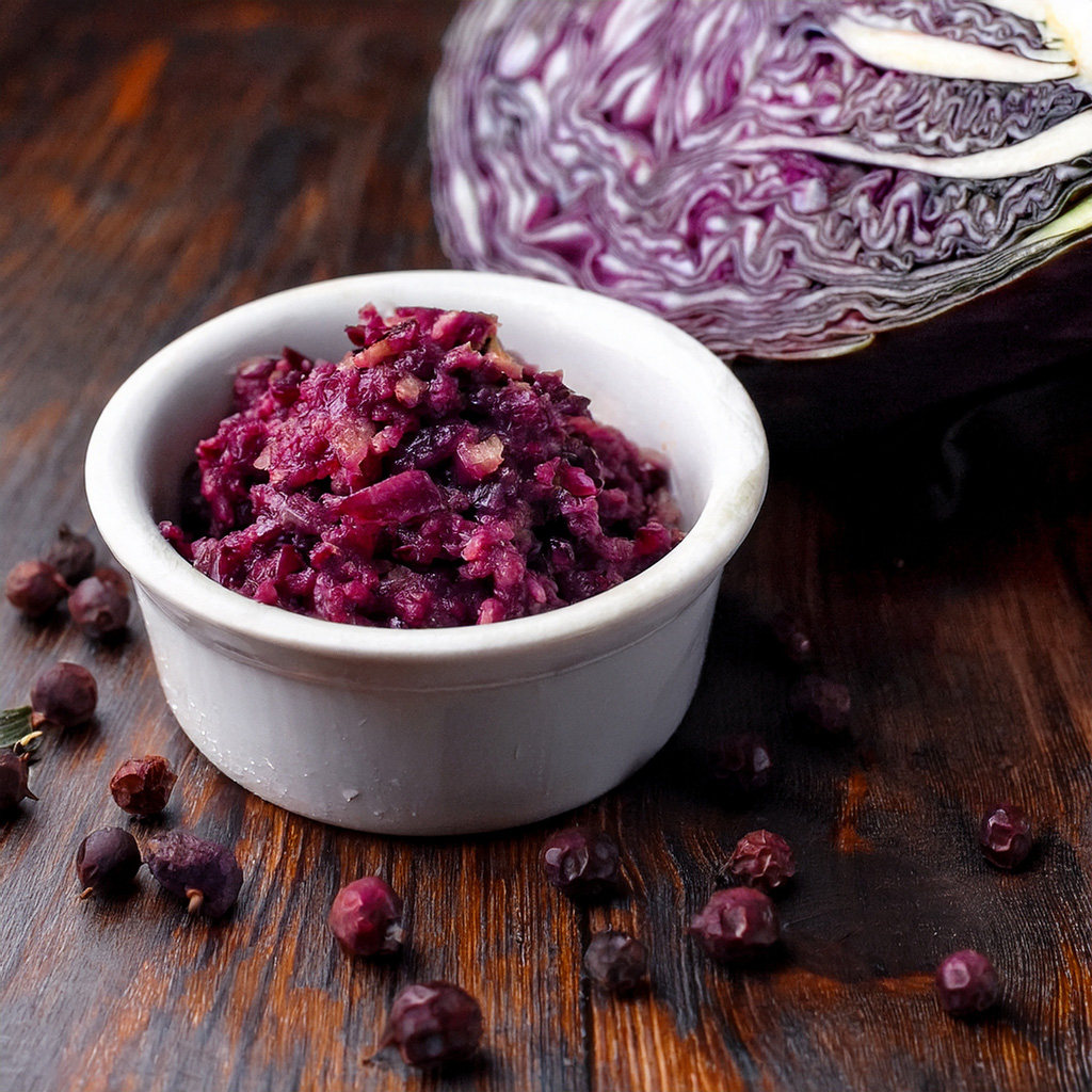 Eine weiße Schüssel mit gewürztem Rotkohl neben einem halben Rotkohl und verstreuten Wacholderbeeren auf einer Holzoberfläche.