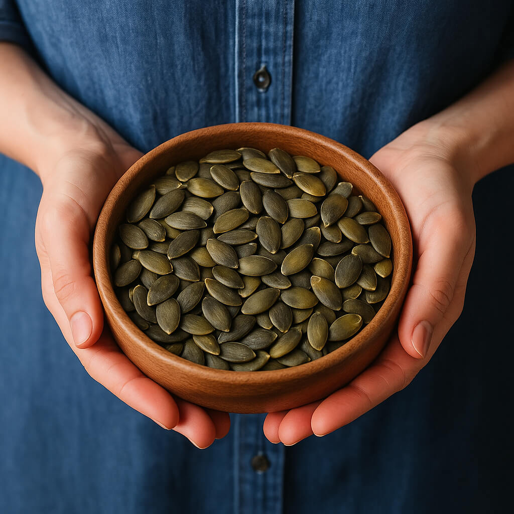 Hands holding wooden bowl of pumpkin seeds