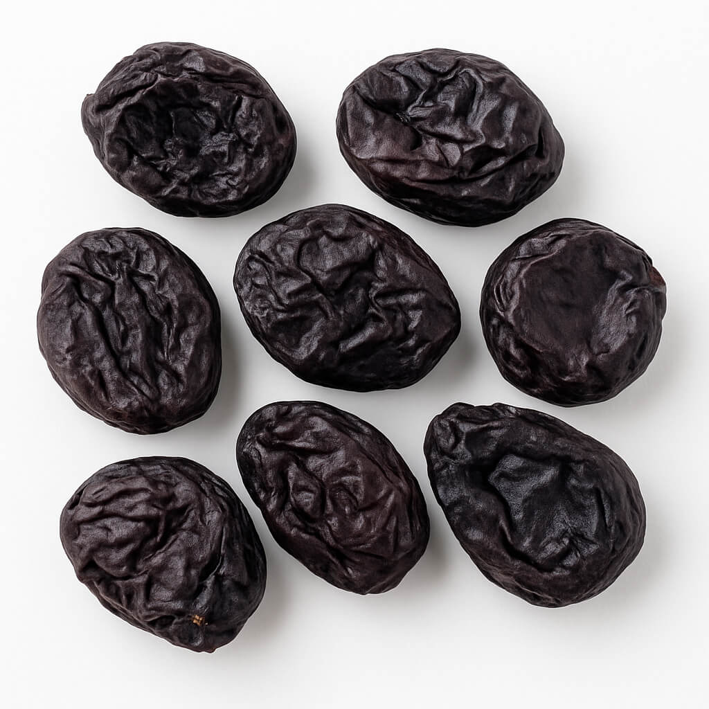 Dried prunes on white background Eight dried prunes arranged on white surface