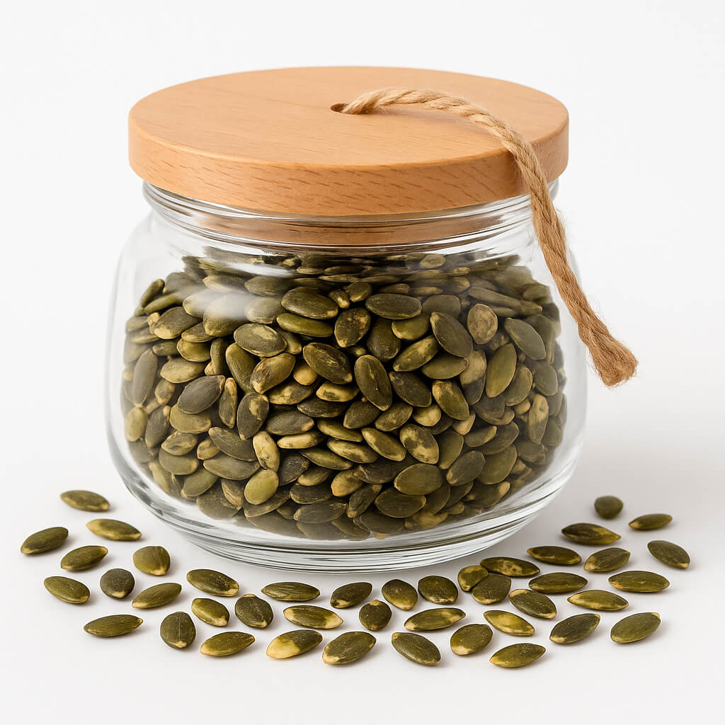 Glass jar filled with pumpkin seeds on white background