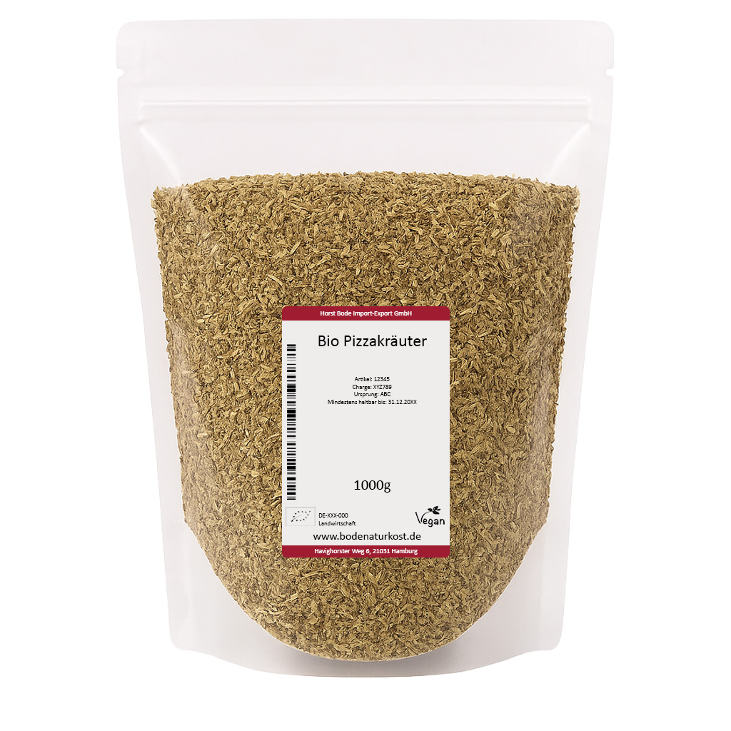 A resealable bag containing 1000g of organic pizza herbs.
