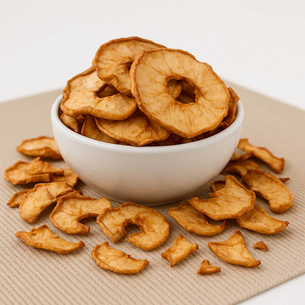 Dried apple rings in white bowl Bowl of dried apple rings on beige mat