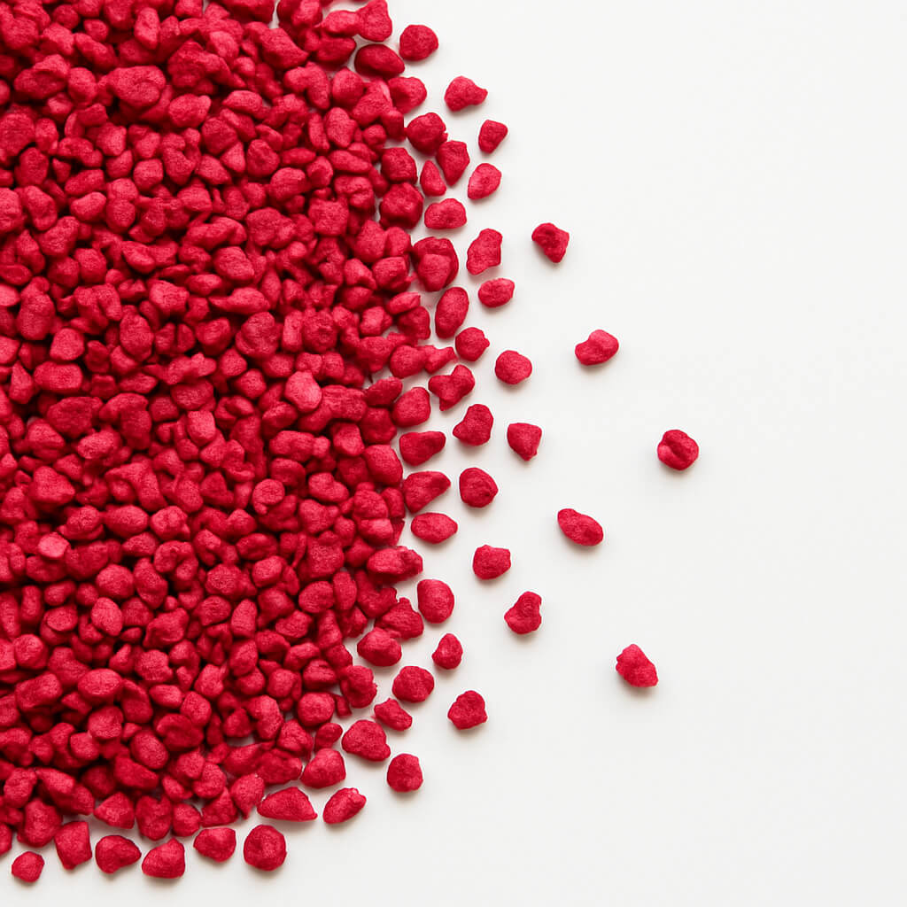Red decorative gravel on white background Close-up of small red pebbles scattered on white background