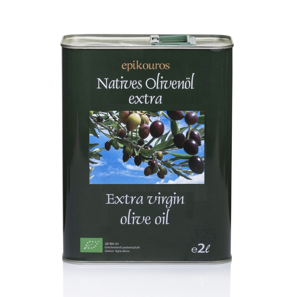 2L tin of Epikouros extra virgin olive oil with olives
