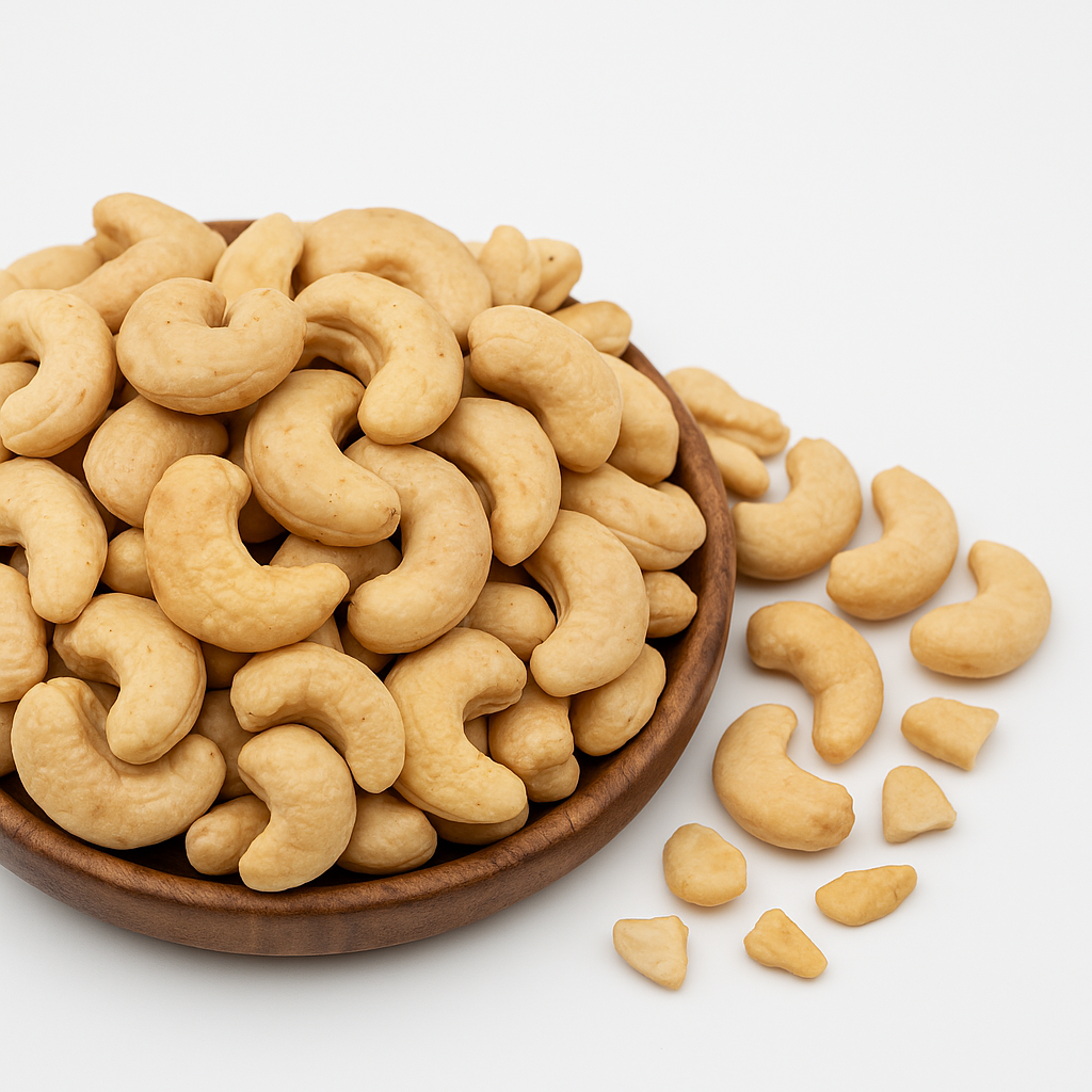 Nahaufnahme ungesalzener Cashewkerne (roh) in einer Holzschale vor weißem Hintergrund