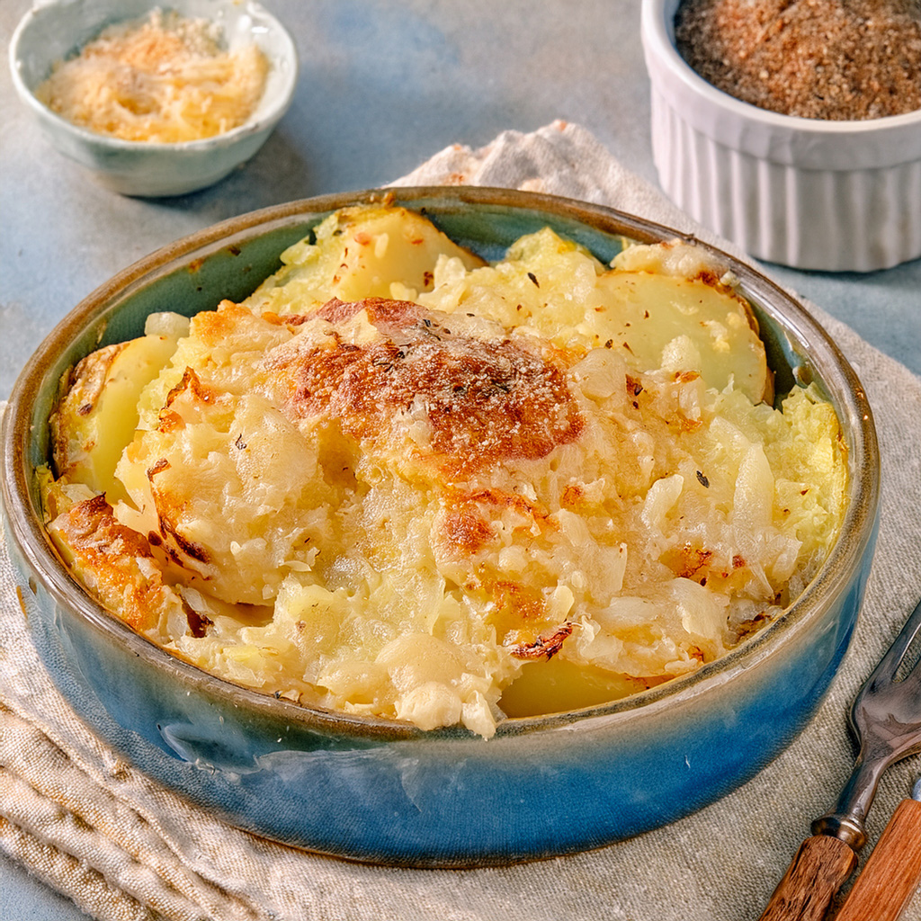 Ein Gericht mit Kartoffel- und Käsegratin mit knuspriger, goldener Kruste auf einem blauen Keramikteller.