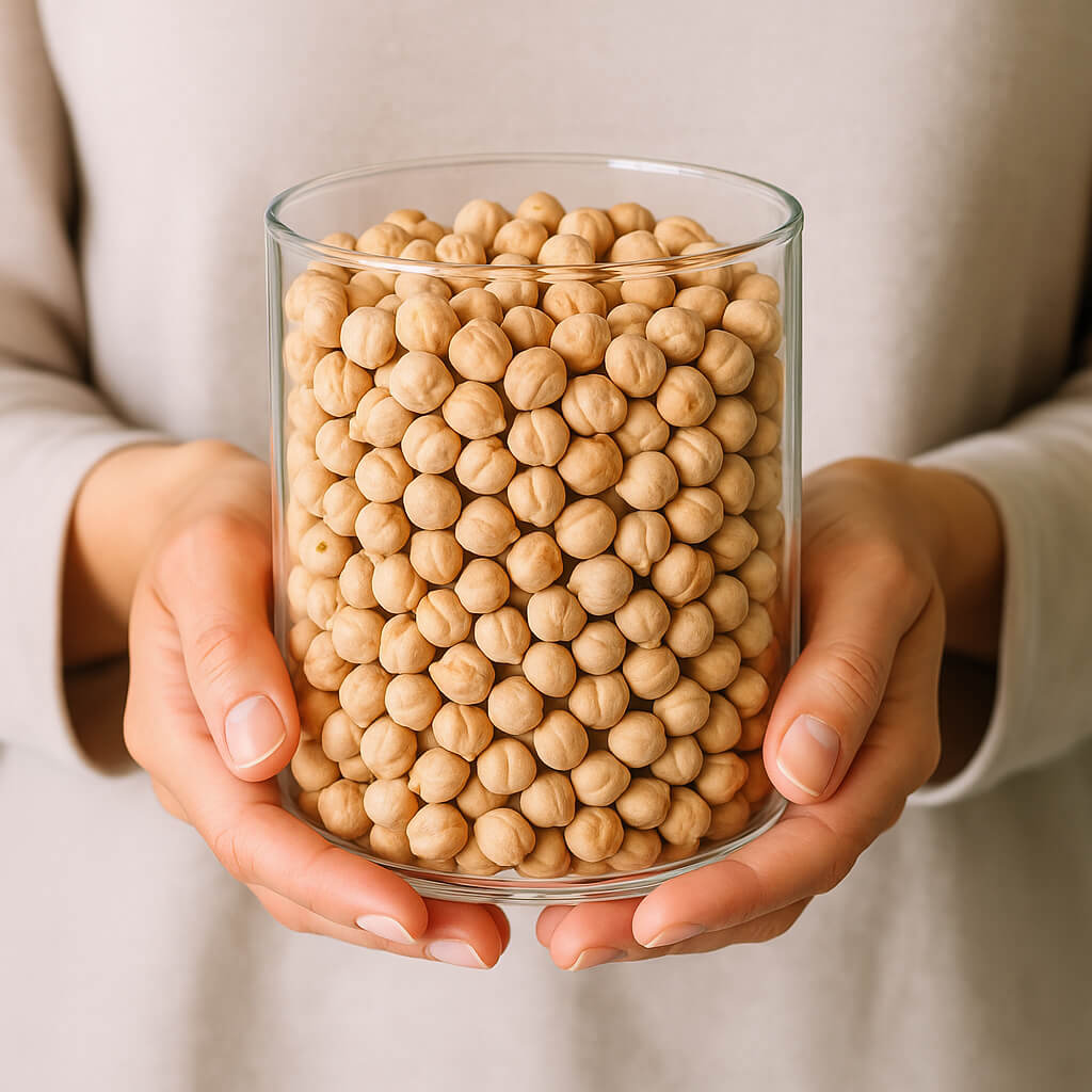 Close-up of jar of chickpeas held by hands