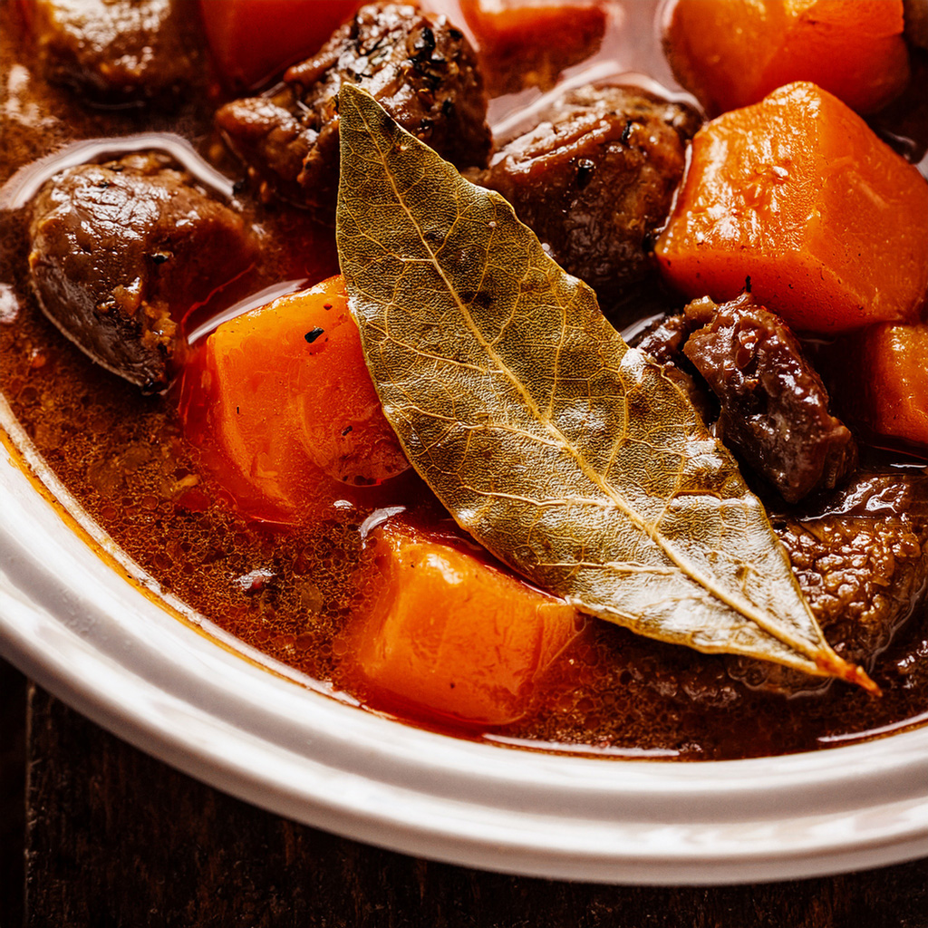 Nahaufnahme eines Rindergulaschs mit saftigen Karottenstücken, kräftiger Bratensauce und einem Lorbeerblatt auf weißem Teller