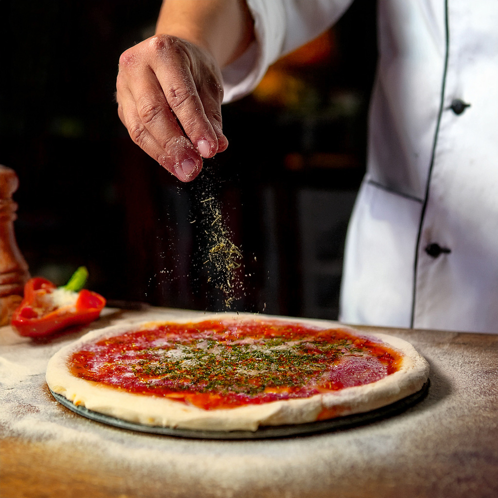 Chef sprinkling herbs on a fresh tomato pizza dough on a wooden table.