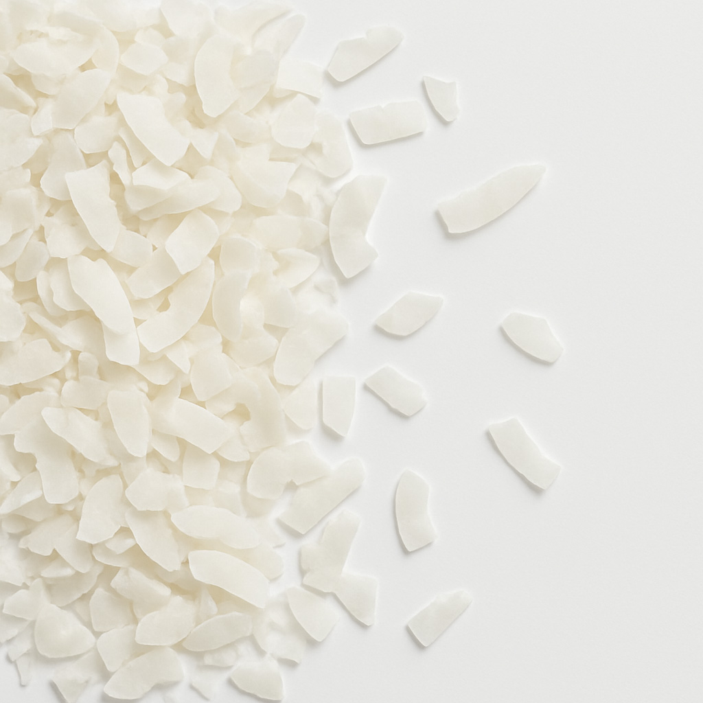 Dried coconut flakes scattered on white background