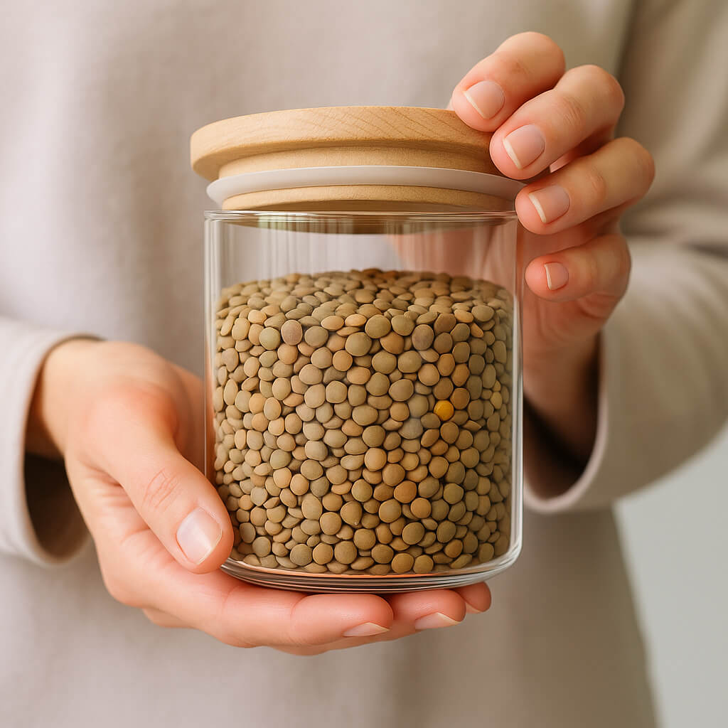 Hands holding glass jar of lentils