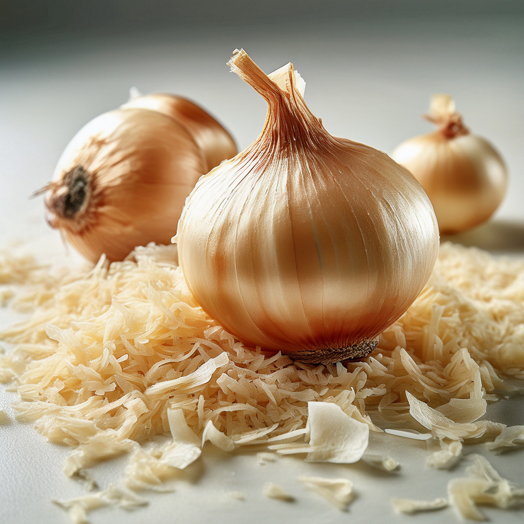 Drei frische gelbe Zwiebeln auf gehobelten Zwiebelhäuten, Nahaufnahme