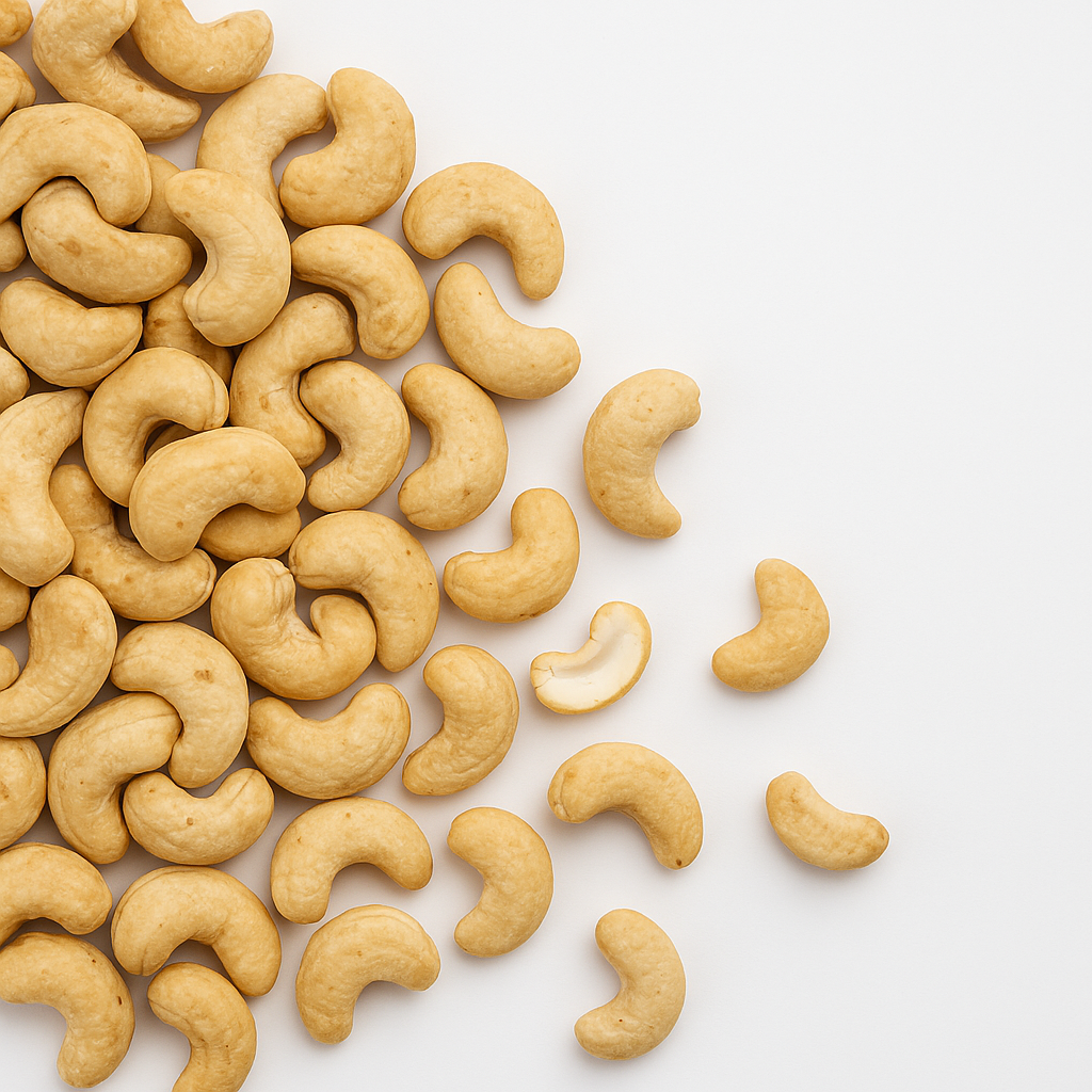 Nahaufnahme von ganzen, naturbelassenen Cashewkernen auf weißem Hintergrund