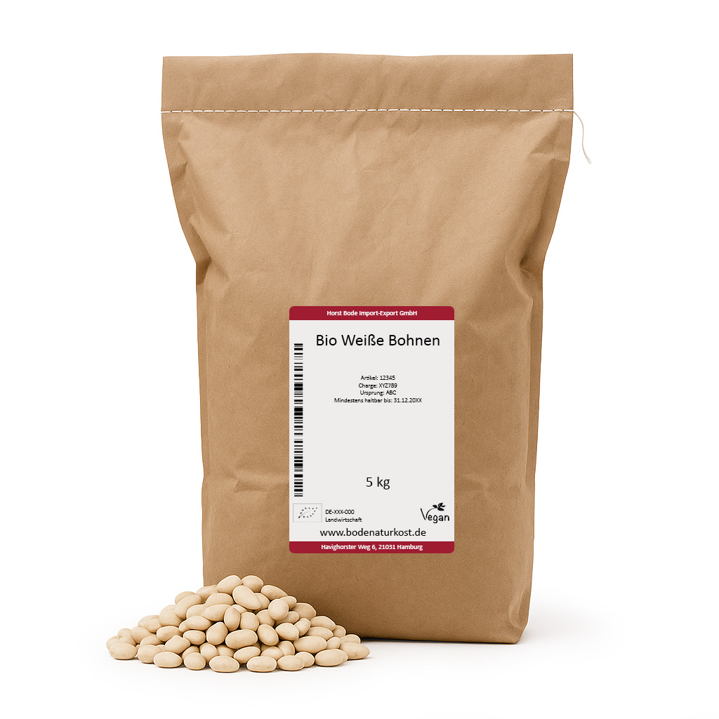 5 kg brown paper bag of organic white beans with loose beans
