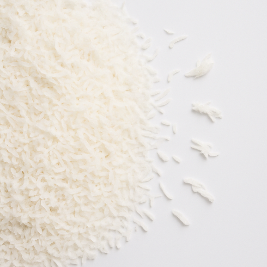 Close-up of white desiccated coconut shreds