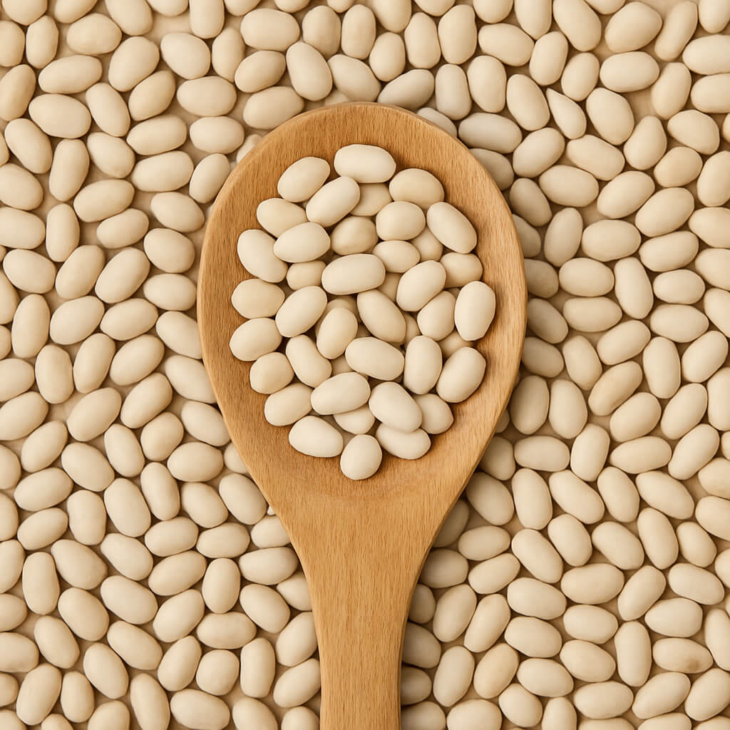 Close-up of white beans in a wooden spoon