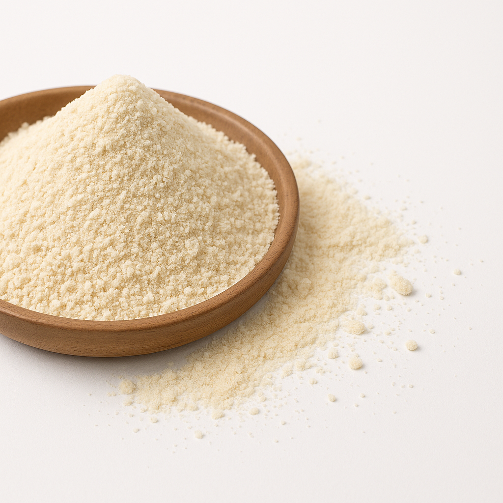 Nahaufnahme: fein gemahlener hellgelber Hartweizengrieß (Semolina) in runder Holzschale, etwas daneben verschüttet auf hellem Untergrund.
