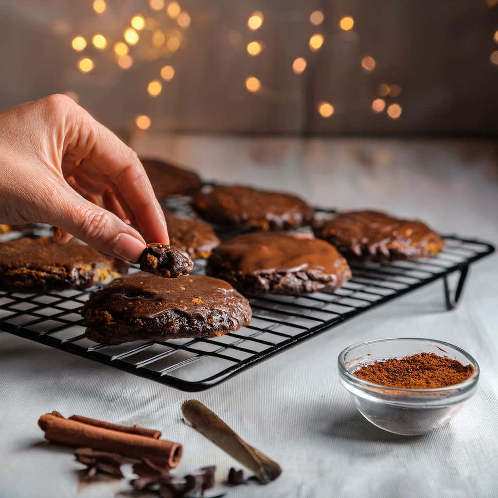 Nærbillede af chokoladesmåkager med chokoladeglasur på en sort afkølingsrist, kanel og krydderier i forgrunden, en hånd tager en småkage