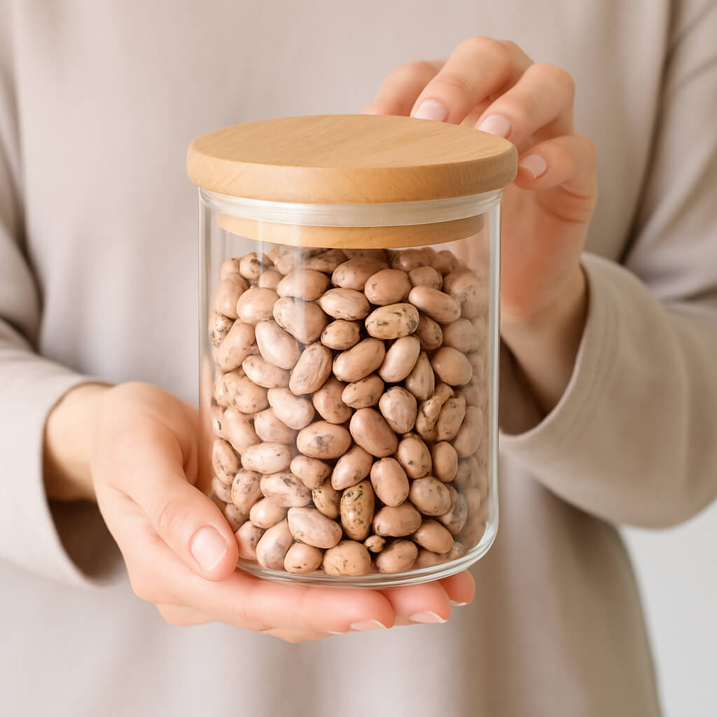 Hands holding a glass jar filled with beige beans