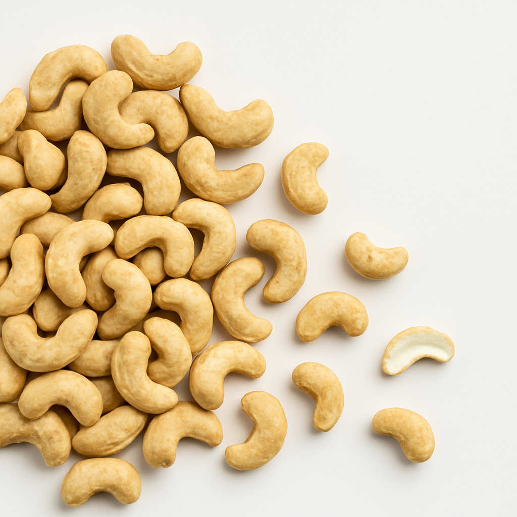 Ein Haufen knuspriger gerösteter Cashewkerne auf weißem Hintergrund