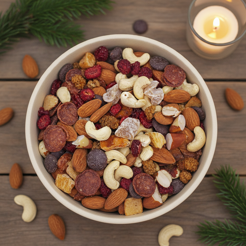 Eine Schüssel mit gemischten Nüssen und Trockenfrüchten und eine brennende Kerze auf einem Holztisch