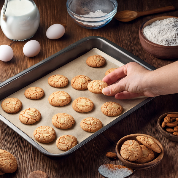 Hand picking a baked almond cookie from tray