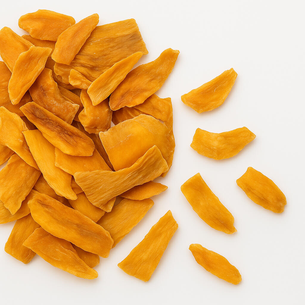 Dried mango slices, natural snack Dried mango slices on white background
